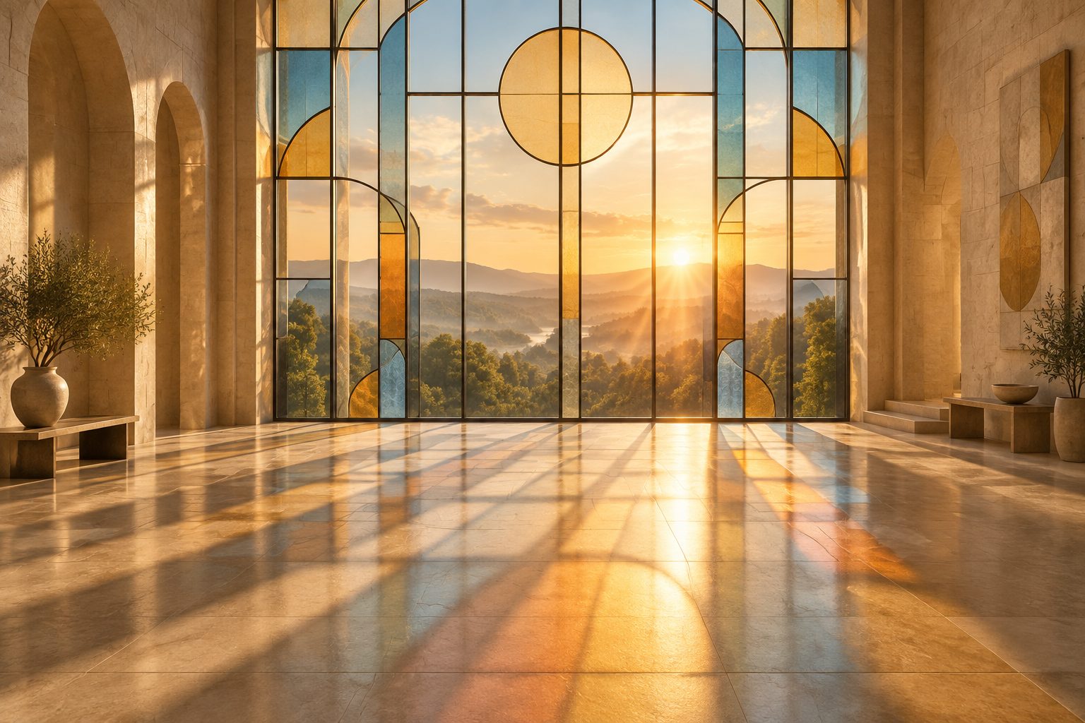 Morning sun pouring through a tall stained-glass window onto a stone floor